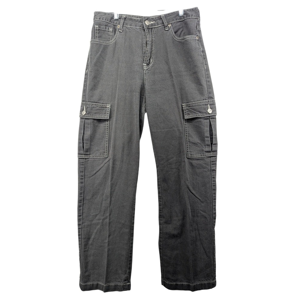 SONG Womens Cargo Jeans Faded Black Contrast Stitch Straight Leg Size 9/29‎